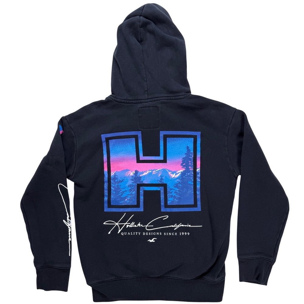 Hollister California‎ Mens XS Black Graphic Hoodie Mountain Landscape Pullover